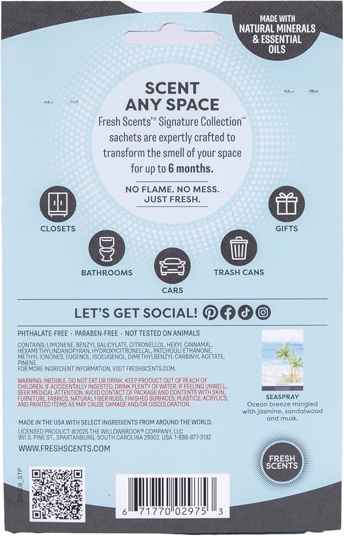 Fresh Scents Scented Sachets | Seaspray | Home Fragrance | Long Lasting (Up to 6 Months) | Air Freshener for Closets, Drawers, & Cars | 6 Pack