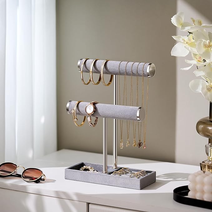 bussdis 2 Tier Bracelet Holder Display - Detachable T Bar Grey Velvet Bracelet Holder, Jewelry Holder Organizer for Bracelet, Necklace, Earrings, Rings