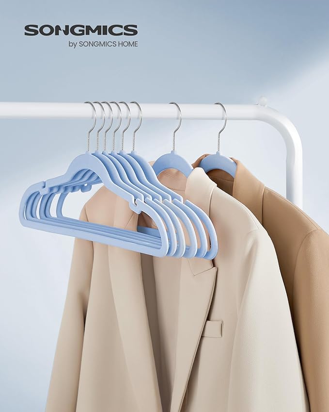 SONGMICS Velvet Hangers 50 Pack, Non-Slip Clothes Hangers, Suit Hangers with Shoulder Notches, Pants Bar, 360° Swivel Hook, Space-Saving, for Closet, Pale Blue UCRF029Q05