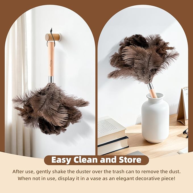 Nicemiya 2 Pack Ostrich Feather Dusters with Wooden Handle, 13.5 inch Natural Fluffy Feather Dusters for Dusting Home, Car, Delicate Surfaces, Reusable Soft Cleaning Tools for Ledges, Blinds
