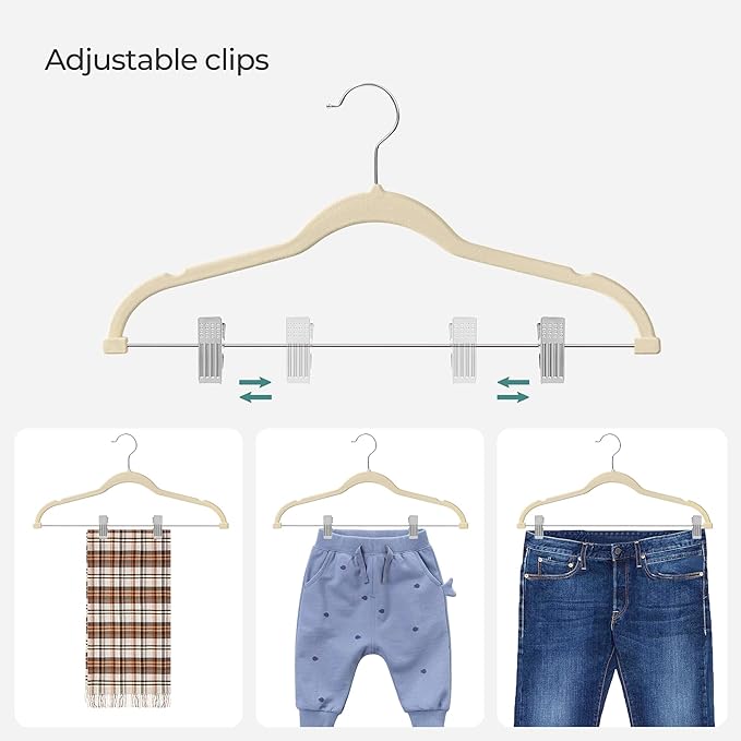 SONGMICS 30 Pack Pants Hangers, 16.7 Inches Long Velvet Trousers Hangers with Adjustable Clips, Heavy-Duty, Non-Slip, Space-Saving for Pants, Skirts, Coats, Dresses, Tank Tops, Sandy Beige UCRF012M30