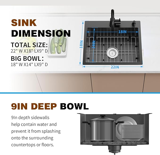 Black 22x18 Inch Kitchen And Bar Sink - Stainless Steel Drop In Small Single Bowl Kitchen Sink With Bottom Grid,Silicon Mat And Drain Assembly Set