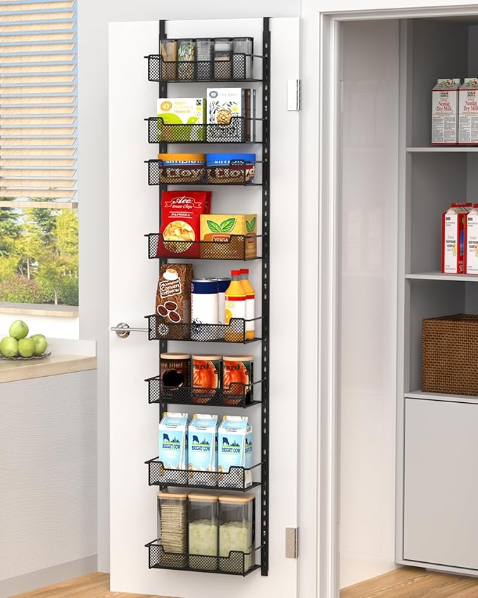 VyGrow 12.3" W Narrow Over the Door Pantry Organizer, 8-Tier Over the Door Organizer with Adjustable Basket, Pantry Door Organization for Pantry Kitchen Storage Room Spice Rack, Black
