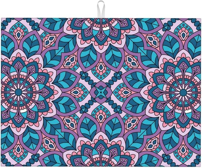 Boho Blue Purple Floral Pattern Dish Drying Mat 18x24 For Kitchen Counter Absorbent Microfiber Dishes Pad Dish Drainer Rack Mats Fast Dry Kitchen Accessories