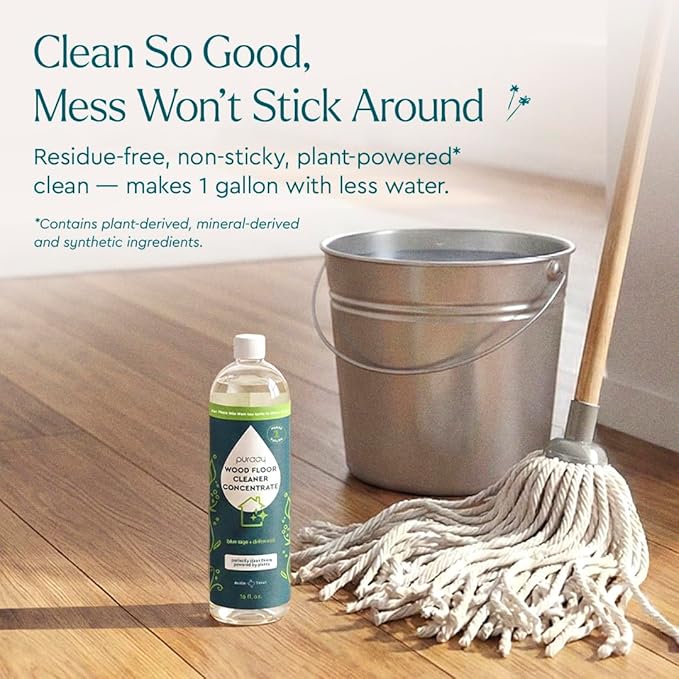Puracy Wood Floor Cleaner Concentrate - pH Neutral Plant-Powered Hardwood Floor Cleaner - Residue-Free Non-Sticky Cleaning Solution As Seen on TikTok (Blue Sage & Driftwood, 16 fl oz)