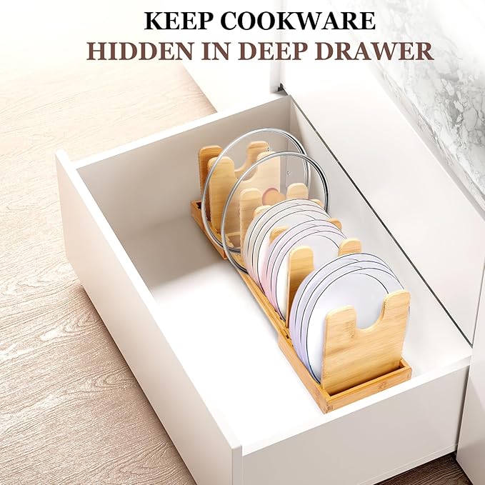 Bambition Bamboo Pot Lid Organizer, Pots and Pans Organizer Inside Cabinet, Pot Lids holder for Kitchen Countertop