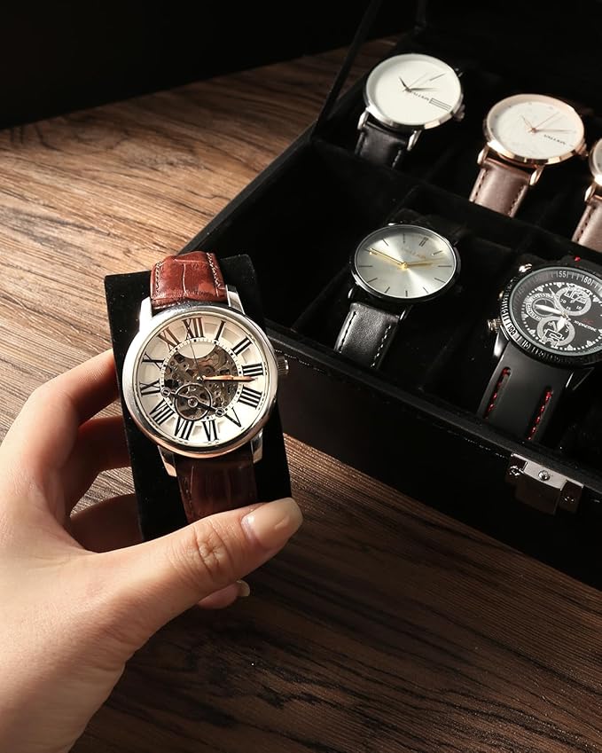 Uten Watch Boxes 12 Slots, Watch Box for Men, Watch Display Case, Watch Storage Box with Removable Cushion, Metal Clasp, PU Leather, Black