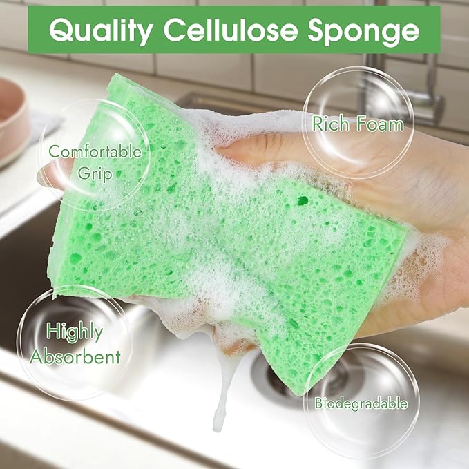 MOWPOG 12 PCS Dish Sponges Kitchen, Non Scratch Cleaning Sponge for Non Stick Cookware, Natural Compressed Cellulose Wash Scrub for Household Bathroom, Soft Washing Scrubbers (Green)