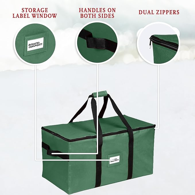 Christmas Ornament Storage Container,Box Stores Up to 54-4", Adjustable Dividers, Large Organizer Bin to Protect and Store Holiday Décor - Green