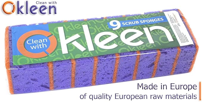 Okleen Purple and Orange Multi Use Scrub Sponges. Made in Europe. 18 Pack, 4.3x2.8x1.4 inches. Heavy Duty & Non Scratch Fiber. Odorless, Durable, Delicate, Rinse Clean Violet Scrubber