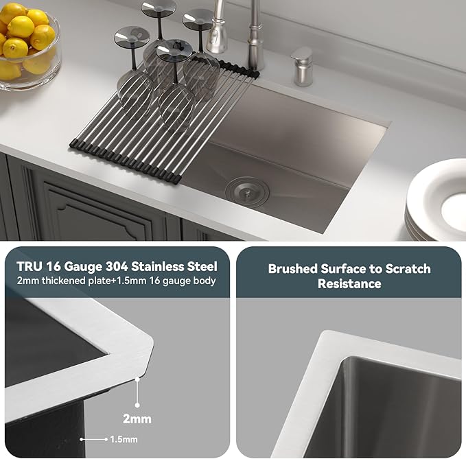 Lordear 26 inch Undermount Kitchen Sinks Stainless Steel Single Bowl Kitchen Sink Undermount 16 Gauge 10" Deep Basin 26x18 In Under Counter Sinks
