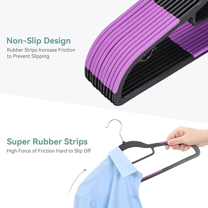 Pack of 30 Coat Hangers, Space-Saving Plastic Clothes Hangers, Non-Slip, 0.2 Inches Slim, 360° Swivel Silver Hook for Shirts, Pants, Suit & Wet/Dry Garments, Purple and Black