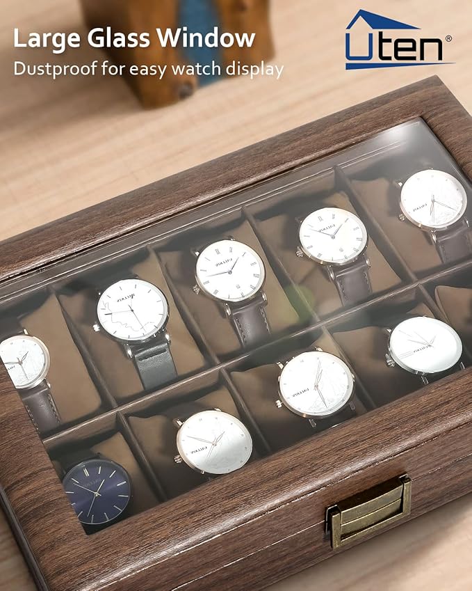 Uten Watch Box 10 Slots, Watch Case Organizer with Real Glass Lid, Wood Grain PU Leather Watch Display Storage Box with Removable Imitation Suede Watch Pillows, Metal Clasp