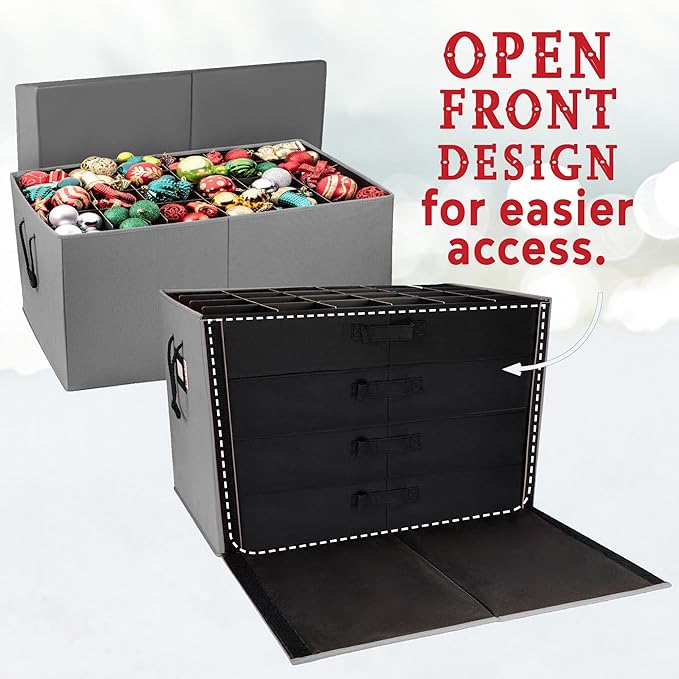 HOLDN’ STORAGE Christmas Ornament Storage Box with Dividers, Stores Ornaments up to 96 of 3 Inch Large Christmas Ball Storage Containers with 4 Trays - Gray