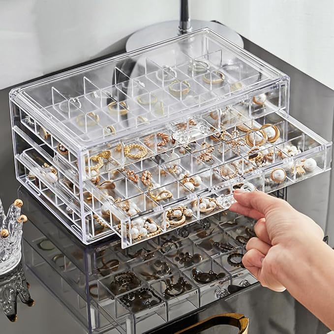 Earring Organizer Box Acrylic Stackable Jewelry Organizer with 3 Drawers 72 Small Compartments Clear Jewelry Display Stand for Stud Earring Ring Pin Display (Transparent)
