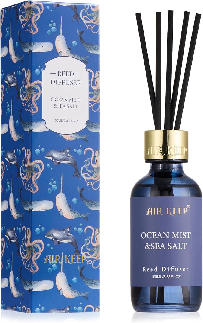Airkeep Reed Diffuser Set, 3.38 fl oz (100 ml) - Ocean Mist&Sea Salt Oil Diffusers with 8 Reed Sticks, Home Fragrance Reed Diffuser for Bathroom Shelf Decor
