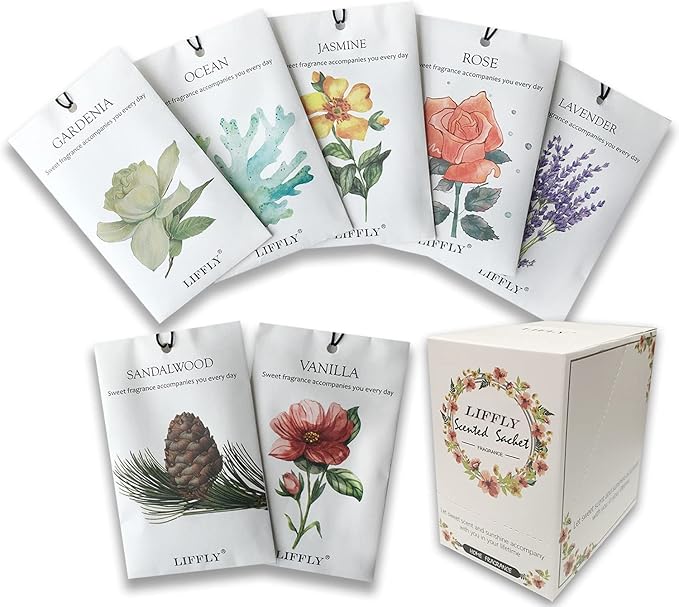 LIFFLY 14 Packs Scented Sachets for Drawers and Closets Lavender, Rose, Jasmine, Ocean, Vanilla, Sandalwood, Gardenia 7 Scent Gift Box
