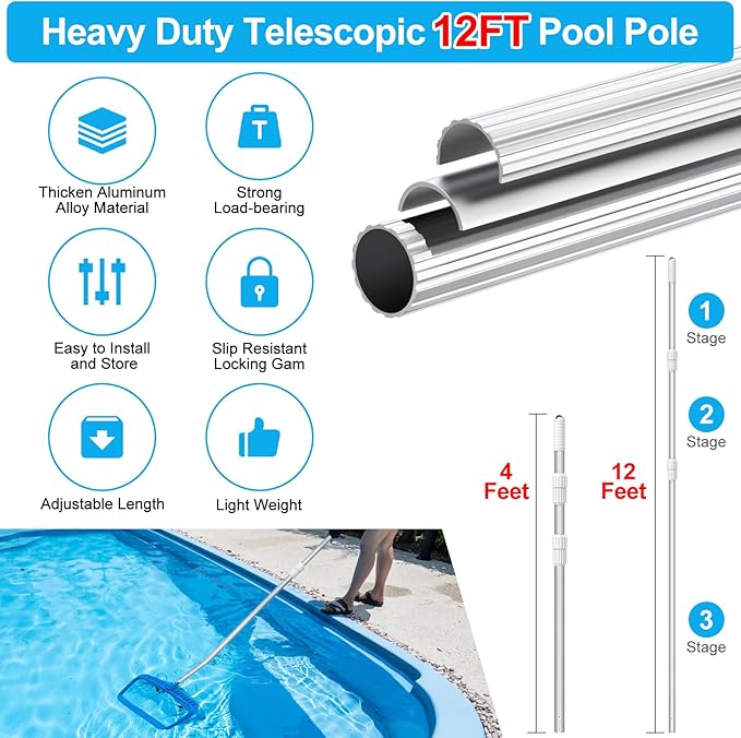 YEECHUN Professional Thicken 12 Foot Swimming Pool Pole Telescopic Aluminum Fits Pool Net Skimmer Rake Vacuum Head Brush Cleaning Equipment Heavy Duty,for Skimmer Nets, Vacuum Heads and Brushes