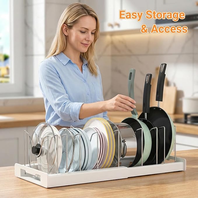 Beruyu Expandable Pot and Pan Organizer Rack for Cabinet, Pot Lid Organizer Holder with 7 Stainless Steel Adjustable Dividers for Kitchen Cabinet Organizer and Storage (White)