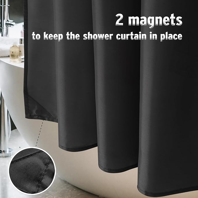Titanker Fabric Shower Curtain Liner Washable with 2 Magnets, 70 x 72 Inches, Waterproof, Soft Fabric, Lightweight Polyester, Black