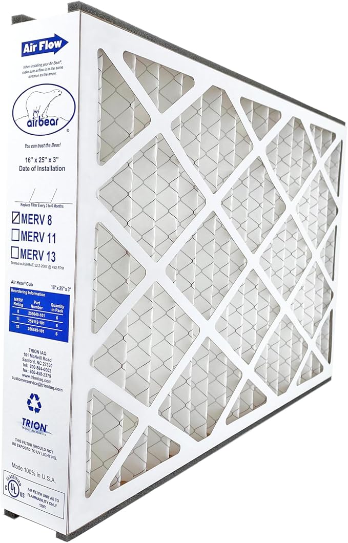 16x25x3 TRION Air Bear Cub Pleated HVAC Air Filter MERV 8 (3-Pack) (Actual Size: 15.75 x 24.75 x 3.06 Inches)