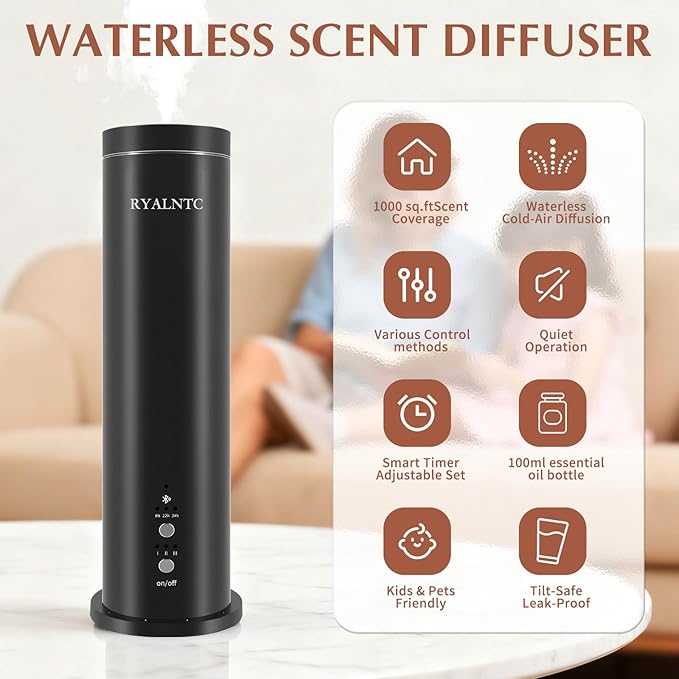 Waterless Scent Diffuser Kit,100ml Essential Oil Diffuser-Remote Control 2000Sq Ft Coverage Large Room Scent Diffuse for Home, Office, Hotel and Spas-Aromatherapy, 5 Essential Oils Include