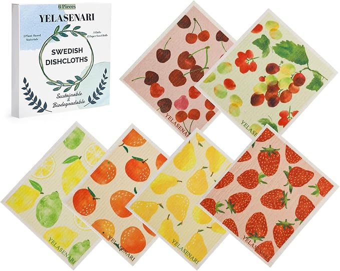 Yelasenari Swedish Dishcloths for Kitchen Reusable 6 Pack Kitchen Towels No Odor Quick-Drying Reusable Paper Towels Reusable Paper Towels Washable for Countertop, Sink, and Kitchen Fruit