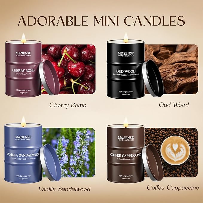 Valentine Candles, Winter Candles Set | Holiday Scented Candles Gift Set | 4 Pack Candles for Home Scented Candle,Cherry Vanilla Oud Sandalwood Coffee Candle,Gift Set for Women and Men,Soy Wax 14 oz