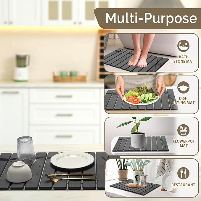 Large Stone Dish Drying Mat for Kitchen Counter, 2PCS 24"×16" & 8“x4" Quick Dry Stone Dishes Mats, Marbled Water Absorbing Diatomaceous Earth Drying Pad for Countertop Bottles Utensils Cups,Dark Gray