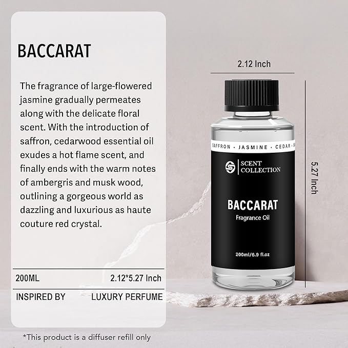 Luxury Hotel Scent Baccarat Diffuser Oil Waterless Essential Aromatherapy for Cold Air & Car Diffusers – Long Lasting Refill for Large Room & Home - Non Toxic,Signature Saffron Cedar(200ml/6.76Fl oz)