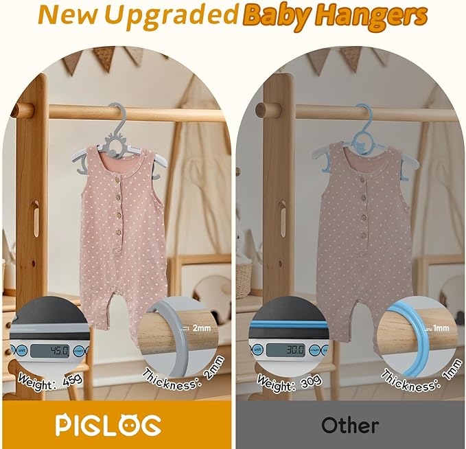 Kids Hangers 30PCS, 11"-14" Extendable and Stackable Baby Hangers, 45g Ultra-Thick Space Saving Non-Slip Plastic Hanger for Infant, Toddler and Nursery Closet, Gray