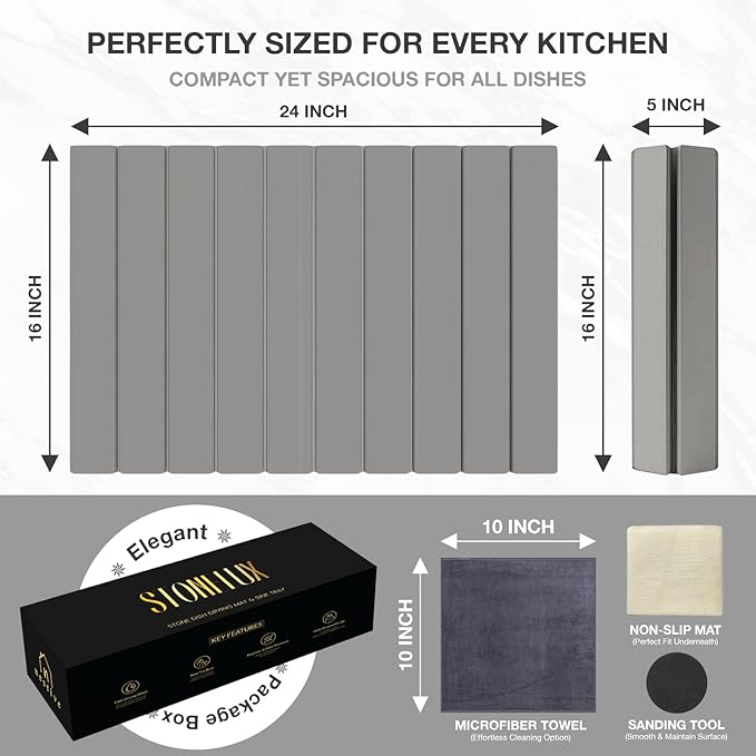 Large Stone Dish Drying Mat for Kitchen Counter, 24"x16", Fast Drying Collapsible, Diatomaceous Earth Mat, Super Absorbent Folding Mat for Dishes, Bottles, Glass, Heat-Resistant, Non-Slip (Light Gray)