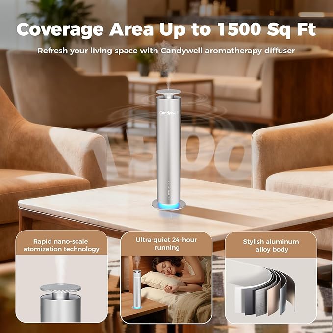 Waterless Scent Diffuser - Essential Oil Diffuser for Home & Office, 1500 Sq Ft Coverage, Remote & APP Control, Quiet Operation with Ambient Lighting, Child & Pet Friendly, 4 Fl Oz Capacity