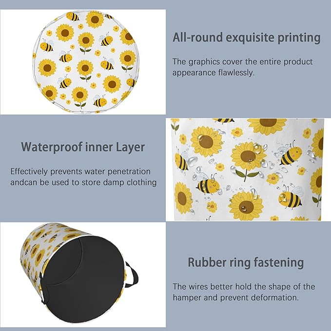 Cute Bee Laundry Basket,SunFlower Foldable with Handles Tote Bag Oxford Cloth for Bathroom Bedroom Dirty Clothes Storage Bucket 16" x 20.8"