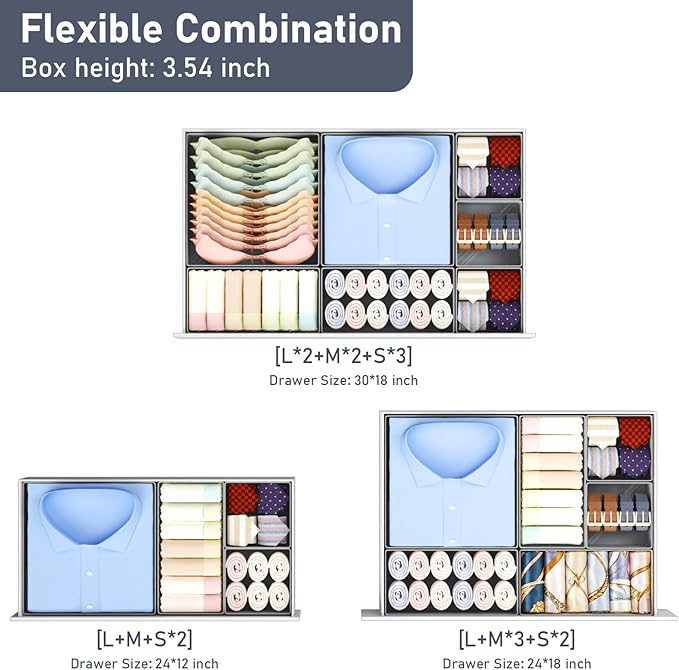 DIMJ Drawer Organizer Clothes, 30 Pack Dresser Organizer, Foldable Closet Organizers and Storage, Fabric Dresser Bins, Drawer Dividers for Nursery, Baby Clothes, Underwears, Sock,Gray