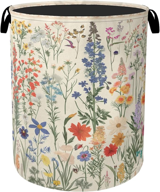 Summer Wild Herbs Large Clothes Hamper Bag - Laundry Basket with Handles, Space Saving Foldable Design for Nursery