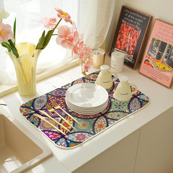 Boho Dish Drying Mat 18 x 24 Inch Vintage Bohemian Drying Mat for Kitchen Counter Absorbent Retro Dishes Dry Pad for Drainer Rack Kitchen Fast Dry