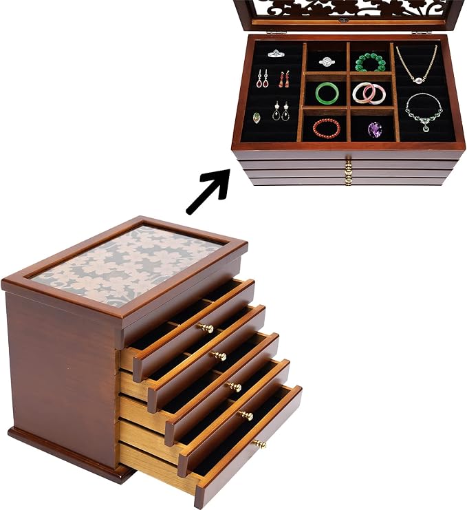 6-layer Jewelry Box Organizer,Lucky Four Leaf Clover Rustic Wooden Jewelry Boxes & Organizers,Jewelry Storage for Rings Earrings Necklaces Bracelets Christmas New Year Gift