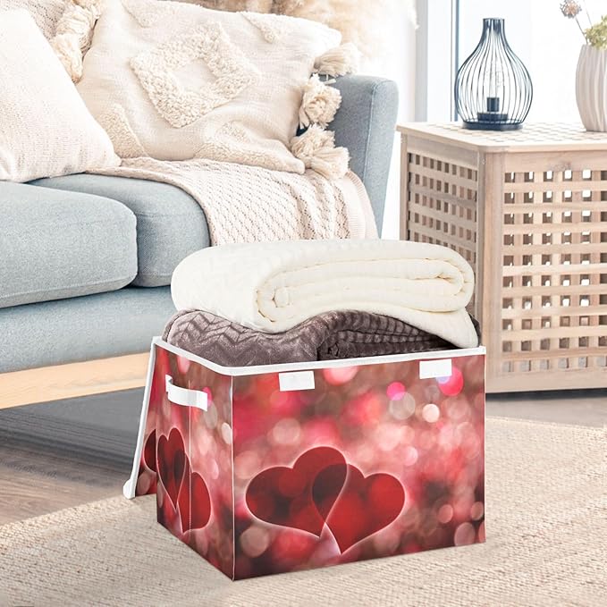 Valentines Baskets Collapsible Storage Bins with Lids, Hearts Bokeh Effect Storage Boxes Clothes Baskets for Organizing