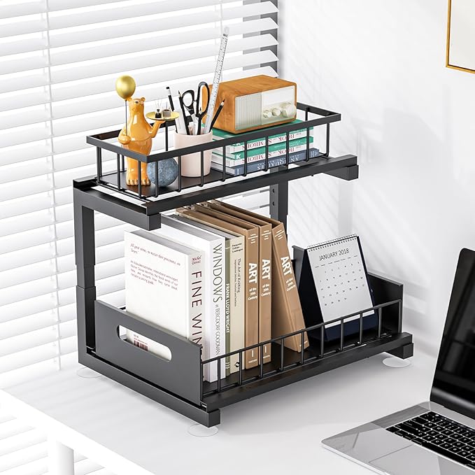 Toyear Under Sink Organizer, Heavy Duty Metal Pull Out Cabinet Organizer Slide Out Sink Shelf Organizer Height Adjustable, Multi-Purpose Storage Shelf for Kitchen Bathroom(Black,2Pack)