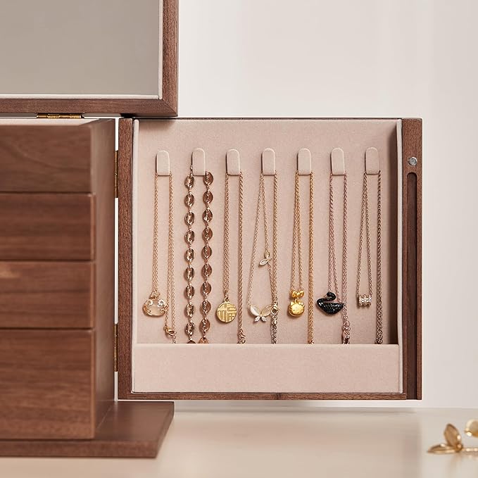 CHOSIN Black Walnut Wooden Jewelry Box, 4-Layer Lockable Wood Jewelry Organizer with Mirror, Side Doors & Brass Handle, Classical Design for Rings, Necklaces, Earrings, Watches, Valentine's Day Gifts