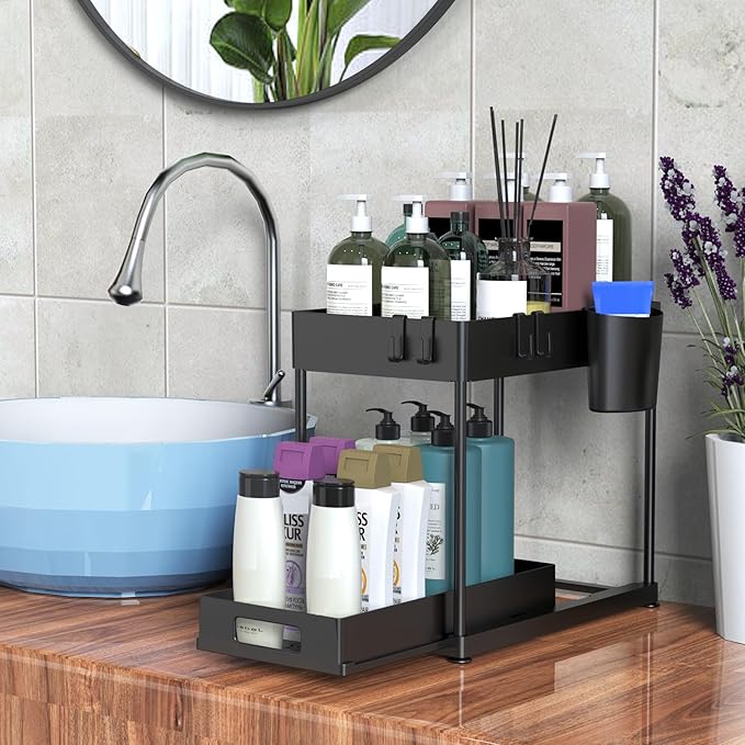 MCIJRJOI Under Sink Organizers and Storage, 2 Pack Large Capacity Heavy Load Pull-out Under Sink Shelves with Sliding Drawer for Kitchen and Bathroom, Dark Black