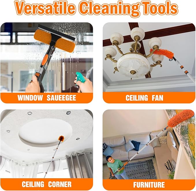 LAANPOLE 30FT High Reach Duster Cleaning Kit with Extension Pole, High Ceiling Fan Cleaner Duster Tool for Fan Blades, Window Washing Kit with Microfiber Feather Duster & Window Squeegee