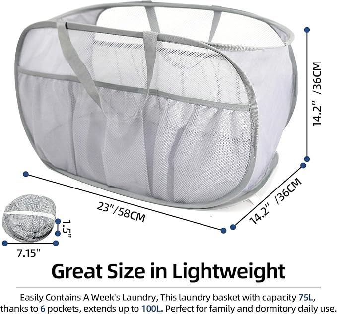 2 Pack Collapsible Laundry Baskets, Upgrade Pop Up Laundry Hamper with Convenient Bags, Foldable Laundry Basket Mesh Light Weight, Easy to Carry Clothes Hampers for Laundry, Dorm, Toys, Travel Grey