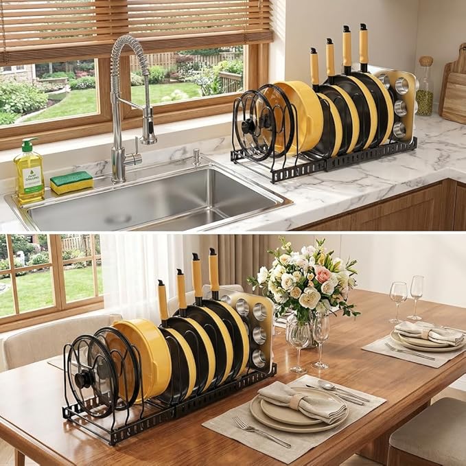 Besda Pot and Pan Organizer Rack for Cabinet, Expandable Pot Lid Organizer Holder with 12 Adjustable Compartment for Kitchen Cutting Board, Pan Lid, Cabinet Cookware Baking