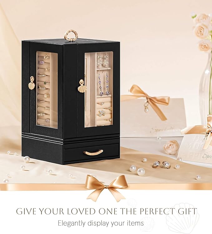 Jewelry Box large for Dresser: Women Necklace Ring Storage Organizer with Compartments - Elegant Earring Holder Display (Black)