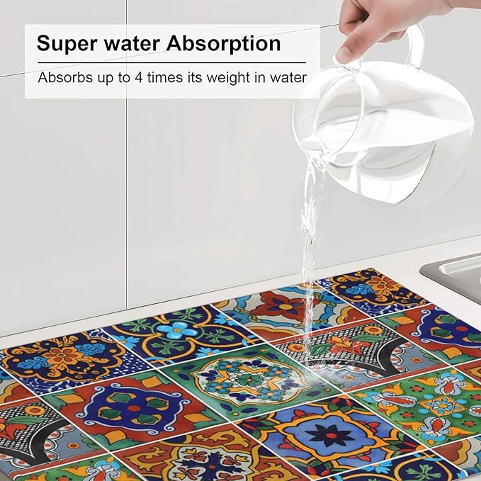 Talavera Mexican Tiles Dish Drying Mat For Kitchen Counter, Super Absorbent Microfiber Dish Drying Pad, Kitchen Gadgets For Easy Clean Multi-Use Large 18"x24"