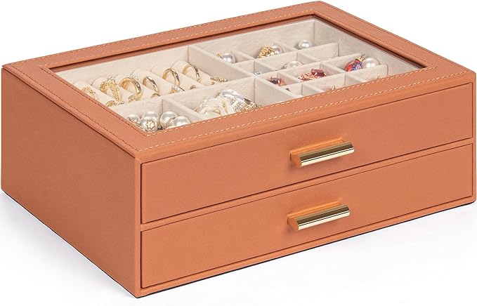 AKOZLIN Jewelry Box with Clear Lid Functional Leather Jewelry Storage Organizer Case 2 Drawers for Women Girls Necklace Ring Bracelet Earring