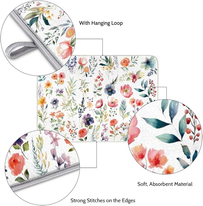 Hexteria Microfiber Absorbent Dish Draining Mat, Floral Dish Drying Mat for Kitchen Counter Washable Drainer Rack Pad, Vintage Floral