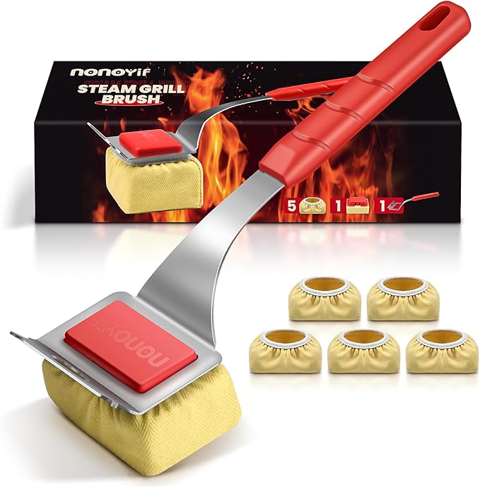 nonoYif Grill Brush Bristle Free + 5 Replaceable Pads, Steam Grill Brush for Outdoor Grill, BBQ Grill Brush and Scraper for Cast Iron/Stainless Steel Grates, Safe Grill Cleaner Brush, Gift for Men Dad